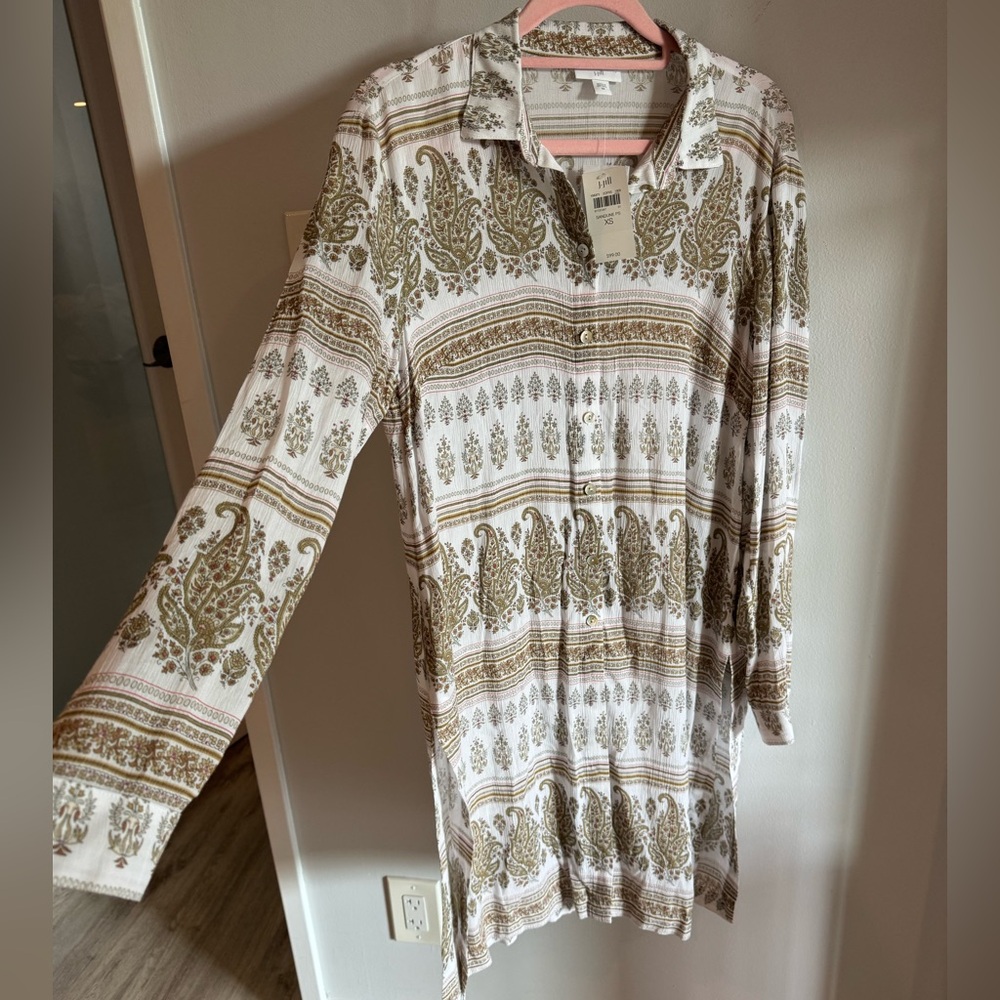 J.Jill Rayon Cream & Tan Resort Boho Paisley Print Lightweight Long Tunic Top XS